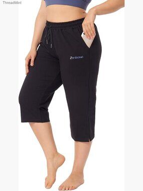 Plus Size Capri Yoga Pants with Pockets - Cotton Spandex Lounge Joggers